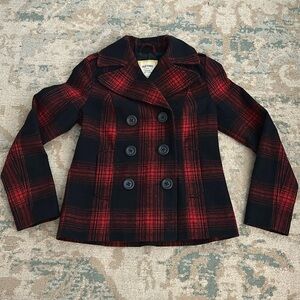 Old Navy Women’s red black plaid wool blend pea coat - S